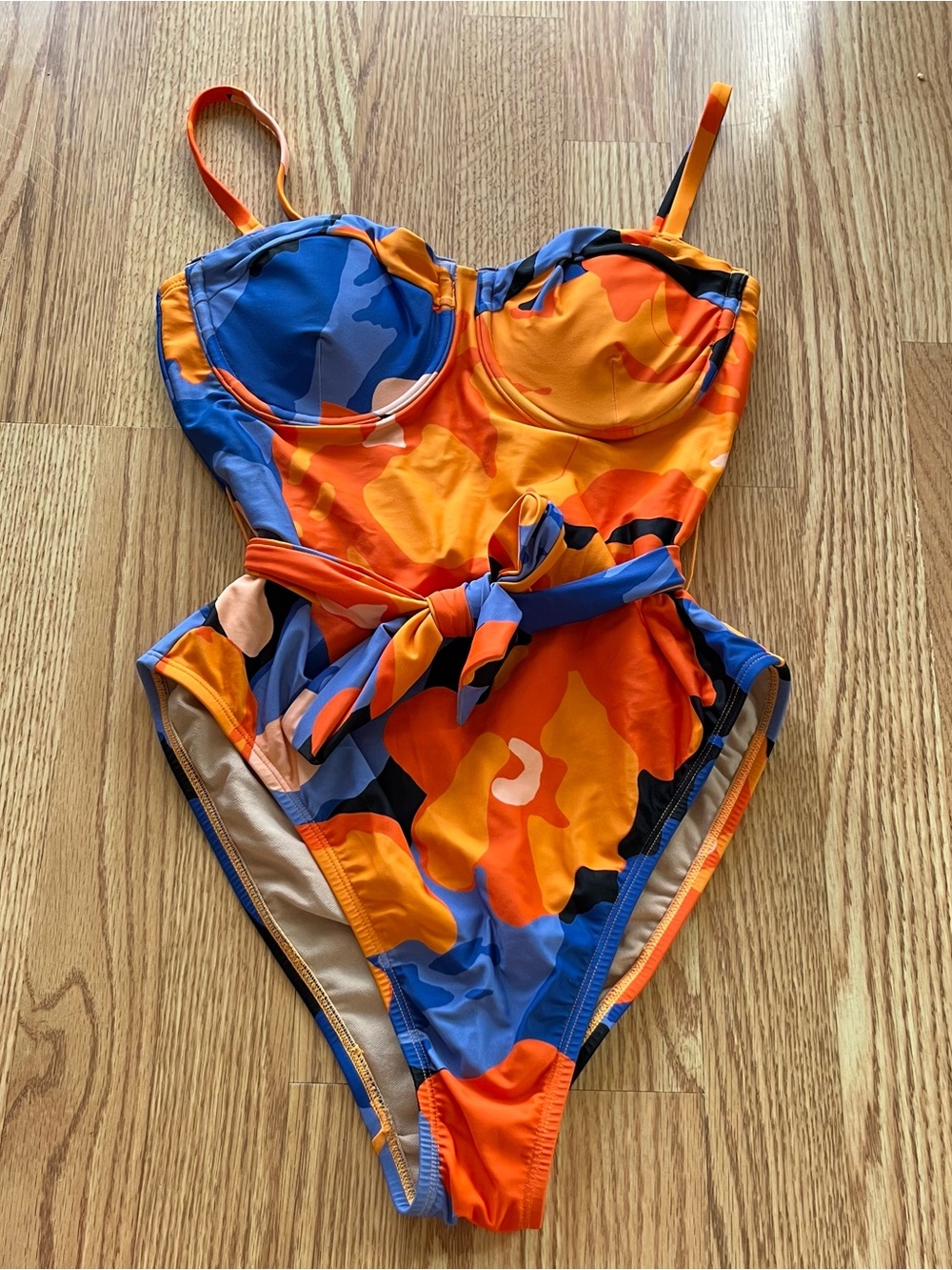 Tabitha Brown orange + blue floral belted one piece swimsuit